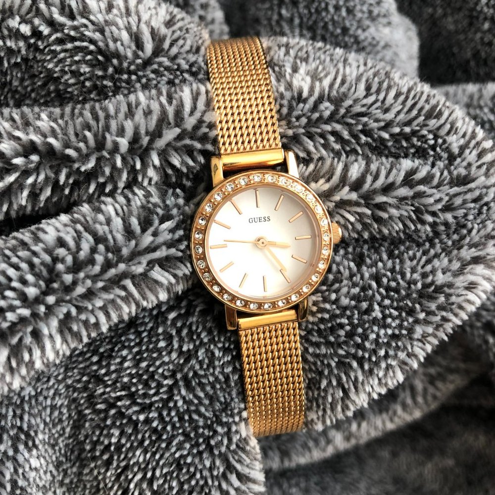 Guess Rose Gold Tone Stainless Steel Watch Petite Crystals Mesh Strap Adjustable